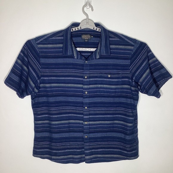 Pendleton Mens Short Sleeve Button Up Shirt Blue Striped Size XXL‎ Fitted - Picture 2 of 6